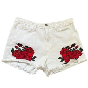 Flying Monkey White and Red Jean Shorts in White Denim